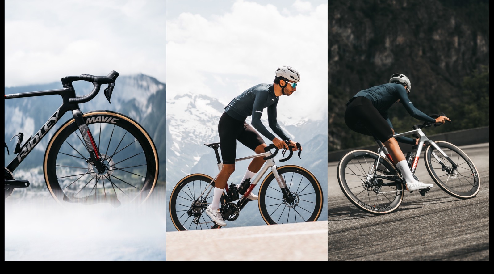 Ridley Falcn RS 2.0 黑色車架前叉特寫，以及騎士在阿爾卑斯山路爬坡與過彎的照片